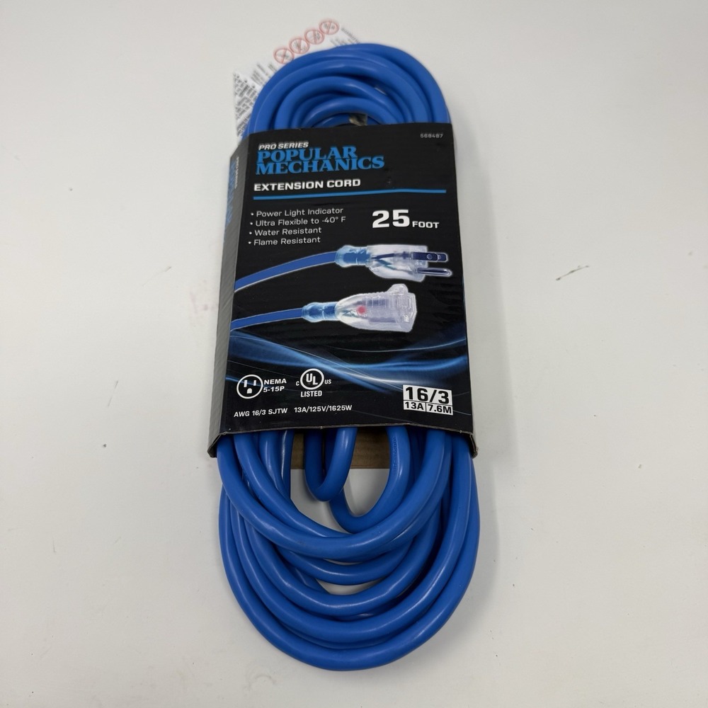 16/3 Extension Cord 25 ft Blue – Blue Ends – Heavy Duty – New Popular Mechanics